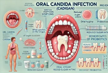 DALL·E 2024-12-25 15.21.14 – An educational and professional illustration about oral Candida infection (Cadigan) targeting awareness and prevention. The image features a clear dep